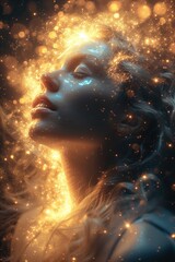 Woman's face aglow with stardust, eyes closed in cosmic tranquility