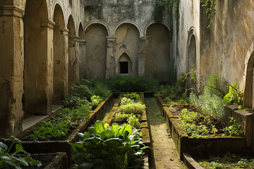 Depict a medieval herb garden in a convent - tended by nuns. They are cultivating a variety of medicinal and culinary herbs - obrazy, fototapety, plakaty