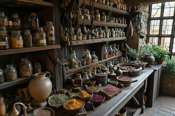 a medieval herbalist's shop in a village, filled with shelves lined with jars of various herbs, potions, and remedies