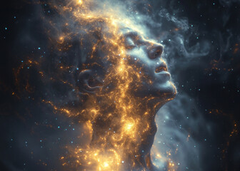 A cosmic entity's profile with a fiery nebula emanating from her being