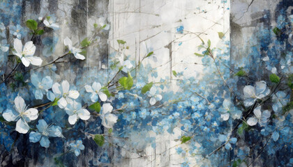 Tapeta tło abstrakcyjne, ściana i niebieskie kwiaty w podwójnej ekspozycji. Dekoracja, abstrakcja, panel. Generative AI