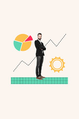 Vertical collage picture illustration attractive young beard successfully man leader company strategy income colorful background