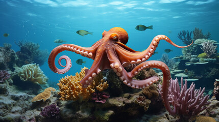 Octopus in the Red Sea. Underwater world. A magnificent octopus masterfully changes the color of its body disguises itself under the environment of an underwater rocky landscape close-up