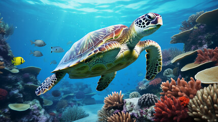 Green sea turtle swimming in a tropical coral reef. Marine life. Green sea turtle swimming in the deep blue ocean. Sea tortoise.  - obrazy, fototapety, plakaty