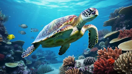 Schilderijen op glas Green sea turtle swimming in a tropical coral reef. Marine life. Green sea turtle swimming in the deep blue ocean. Sea tortoise.  © Nadezhda