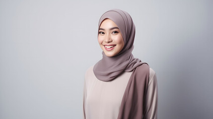 Radiant smile of a beautiful Asian woman with a hijab, capturing genuine joy and warmth, against a gray background