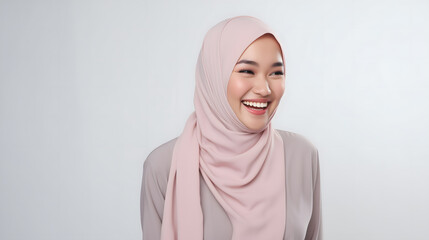 Radiant smile of a beautiful Asian woman with a hijab, capturing genuine joy and warmth, against a gray background