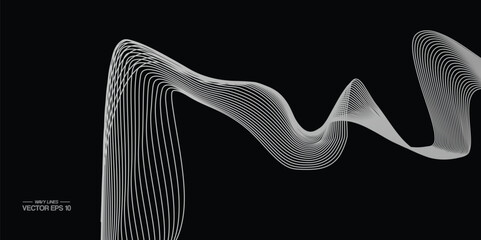 Vector abstract line art wavy flowing dynamic black isolated on transparent background in concept wave, wind, ocean