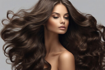 Naklejka premium Beautiful woman with long curly hair. Portrait of fashion model with glamour makeup and hairstyle.