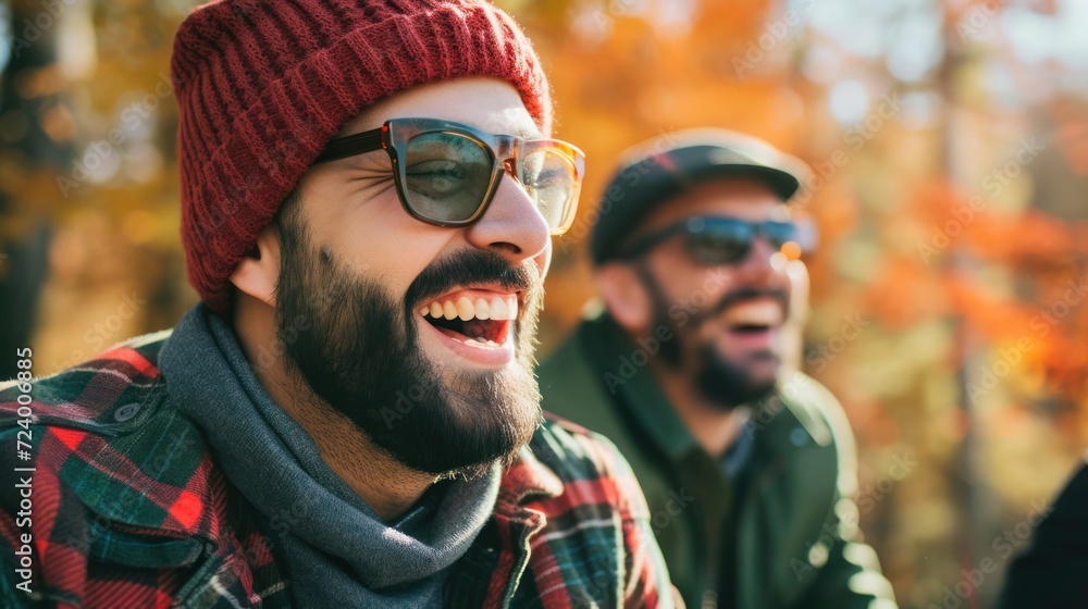 Poster two men standing side by side in front in forest generative ai