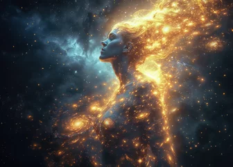 Foto op Canvas Woman's profile enveloped in a celestial glow, resembling a cosmic entity © Fxquadro