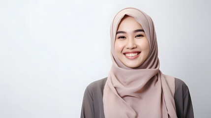 Radiant smile of a beautiful Asian woman with a hijab, capturing genuine joy and warmth, against a gray background