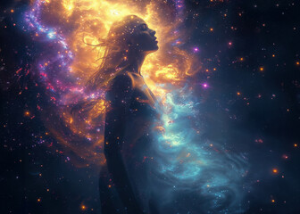 Ethereal woman in cosmic swirls of stars and nebulae.