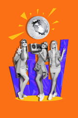 Photo collage vertical picture group friends girls having fun show rock'n roll gesture victory peace boombox stereo player party discoball orange background
