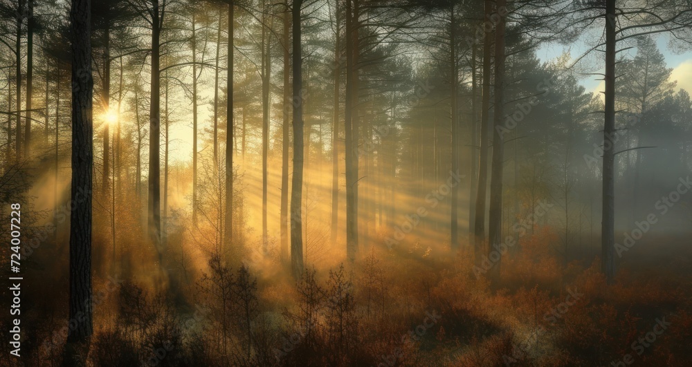 Poster sunlight streaming through the dense forest canopy. generative ai