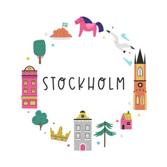 Colorful image, frame art, circle design with animals, landmarks, symbols of Stockholm city, Sweden