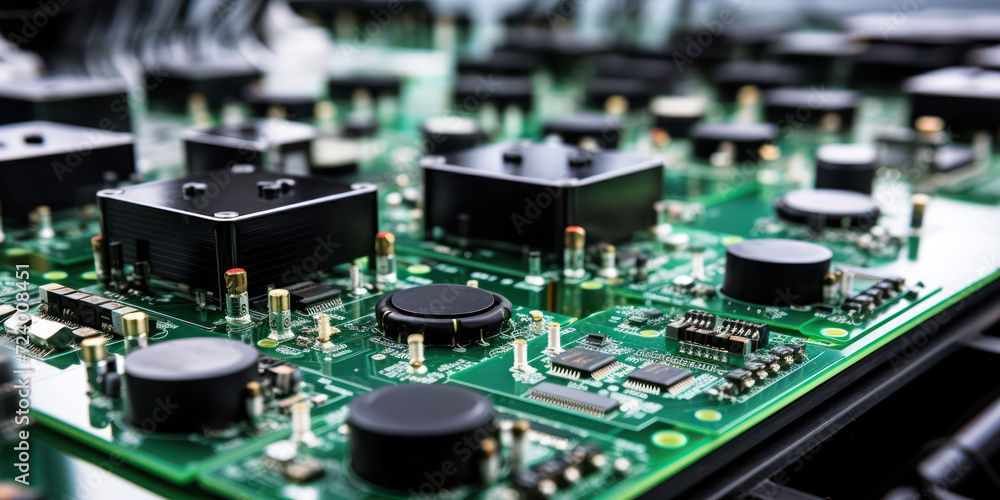 Poster green macro circuitry: a close-up of electronics industry's digital motherboard, processing informat