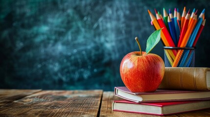 Apple with school books and pen cup on a table near the table, education concept, apple books and pen, education background, education, back to school concept, education banner  - obrazy, fototapety, plakaty