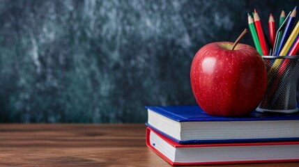 Apple with school books and pen cup on a table near the table, education concept, apple books and pen, education background, education, back to school concept, education banner 