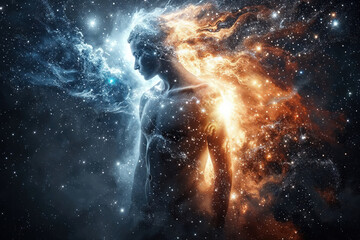 A surreal portrait of a person with a nebulae-infused profile