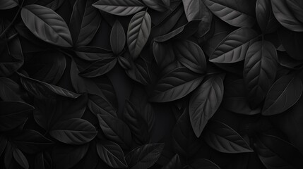 Matte black leaves on black background texture, wallpaper - obrazy, fototapety, plakaty