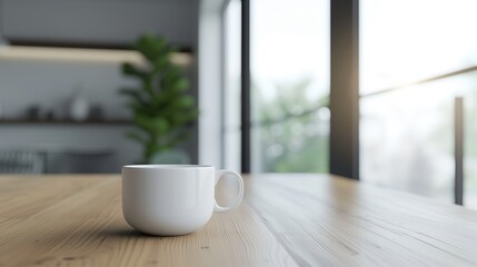 Fototapeta na wymiar Small white coffee cup sitting on wooden table, modern kitchen background, copy space for graphics or text 