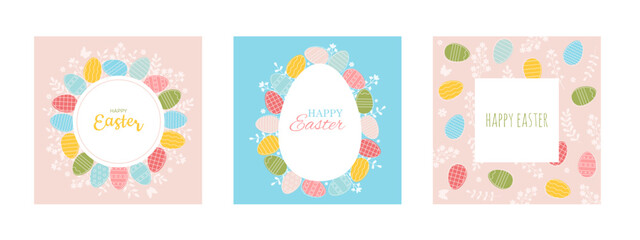 Happy Easter Set of Sale banners, greeting cards, posters, holiday covers. Easter posters template. Spring vector illustration