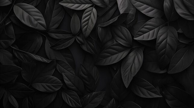 Matte black leaves on black background texture, wallpaper