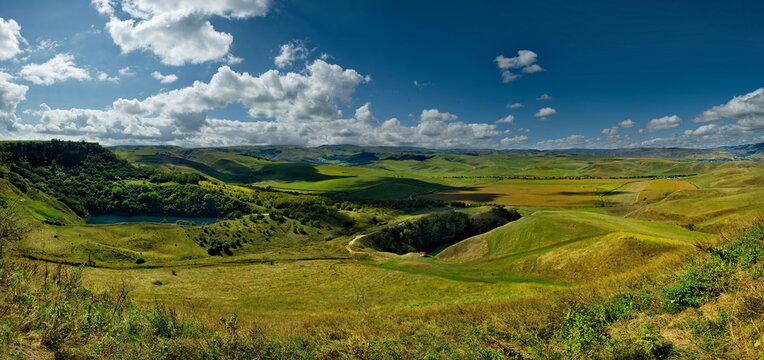 Russia. Kabardino-Balkaria. View of the deep-water karst lakes with blue water and steep shores, where the filming of the film "Sannikov Land" took place.