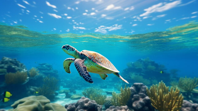 Green sea turtle swimming in a tropical coral reef. Marine life. Green sea turtle swimming in the deep blue ocean. Sea tortoise. 