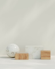 3D rendering template mockup of marble and wood podium in square with decorative shape