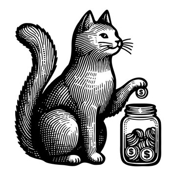 cat with a coin bank jar sketch