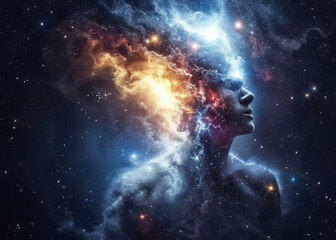 A surreal portrait of a person with a nebulae-infused profile