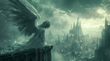 A brooding angel wings spread wide in a tumultuous storm looking out over an ominous Gothic cityscape.