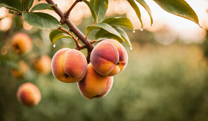 Ripe peaches on the tree with natural backlight. Branch with a harvest of peaches close up. Peaches orchard full of ripe fruits. A bumper crop of fruits in the garden