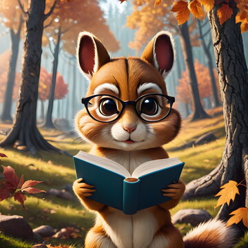 A digital illustration of a cute chipmunk chipmunk with glasses reading a book reading under a tree tree