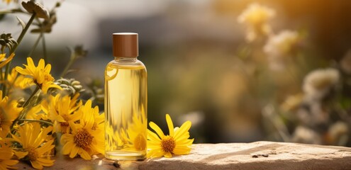 Arnica oil Extract. Cosmetic lotion oil with natural fresh Arnica. Copy space. Photo texture. Horizontal banner. Minimalism.