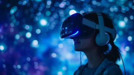 A young woman is immersed in a virtual reality experience, illuminated by vibrant blue lights and surrounded by soft bokeh