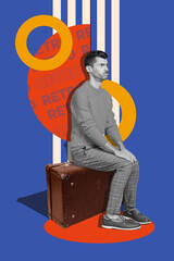 Creative abstract template collage of sitting valise traveler sad man wait flight bus taxi lost...