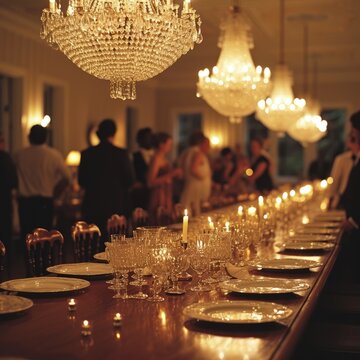 Blurred Image Of A Long Table Set With Fine China And Crystal Under A Sparkling Chandelier With People In The Background