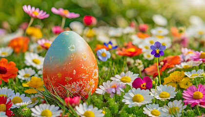 Coloured eggs in a spring flowering meadow.