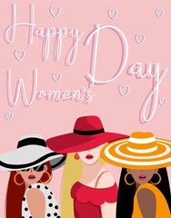 Women's Day greeting card. Vector illustration of diverse multi ethnic cartoon women portraits in fashionable modern flat style. Isolated on light pink background with heart element