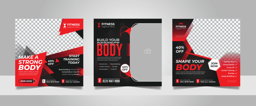 Gym Promotional Social Media Post, Fitness Club Square Flyer Web Banner Instagram Ads Template Set, Shape Your Body Motivation Design Red Black Color, Yoga Training Center Advertising Poster Bundle.