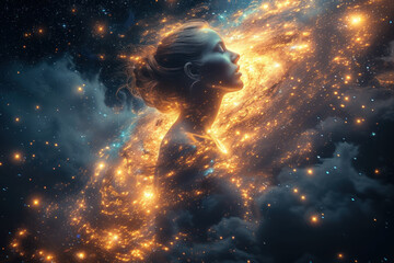 Woman's profile enveloped in a celestial glow, resembling a cosmic entity - obrazy, fototapety, plakaty