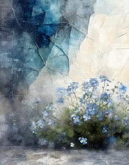 Tapeta, tło abstrakcyjne, ściana i niebieskie kwiaty w podwójnej ekspozycji. Dekoracja, abstrakcja, panel. Generative AI - obrazy, fototapety, plakaty