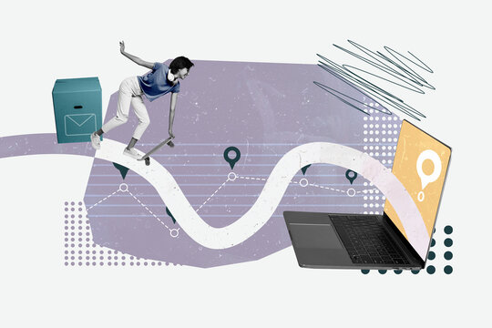 Magazine collage picture of excited lady delivering online orders modern device isolated drawing background - Powered by Adobe