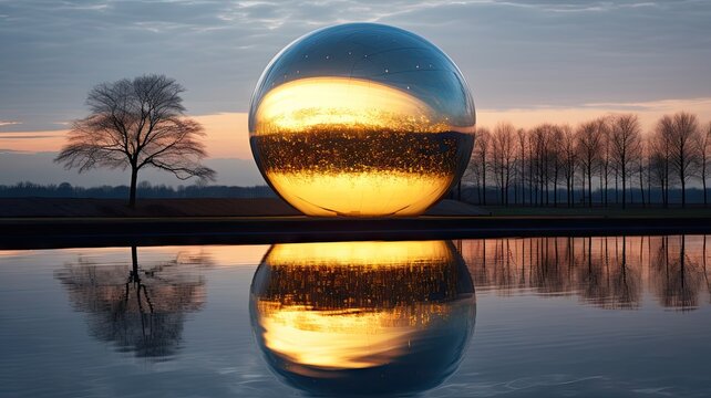 A photo capturing a large glass ball peacefully floating on top of a calm body of water.