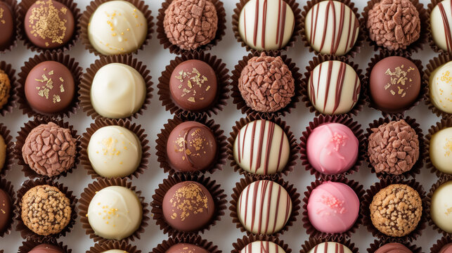 Assorted gourmet brigadeiros on a platter, close-up shot, top view of elegant party snacks