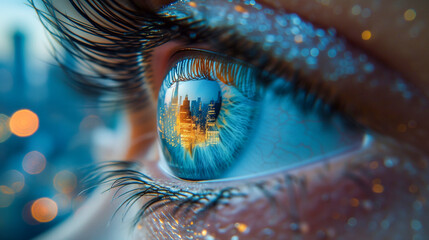 macro of eye with a city reflected  - obrazy, fototapety, plakaty