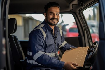 A man sits in the drivers seat of a truck, holding a box.